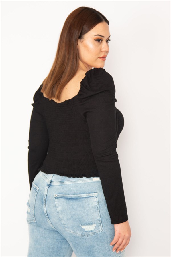 KADIN SİYAH BEDEN KISMI GİPE LASTİKLİ KARMEN YAKA UZUN KOLLU CROP BLUZ