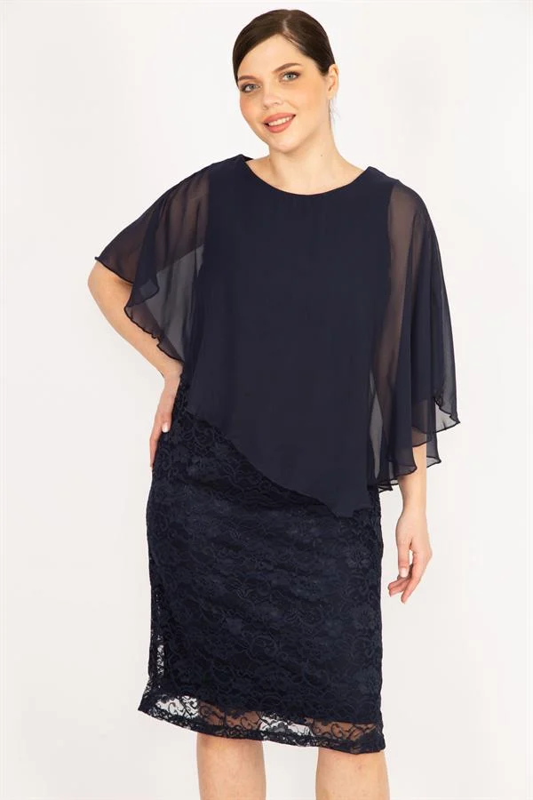 Kadın Lacivert Büyük Beden Şifon Pelerinli Astarlı Dantel Elbise