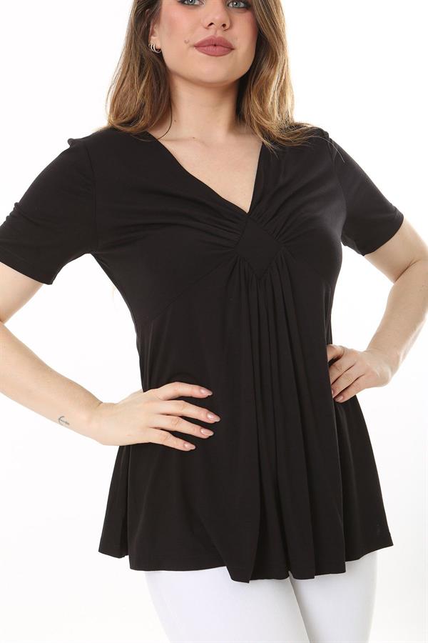 Kadın Büyük Beden Bordo Göğüs Büzgü Detaylı V Yakalı Kısa Kollu Bluz 65N37581