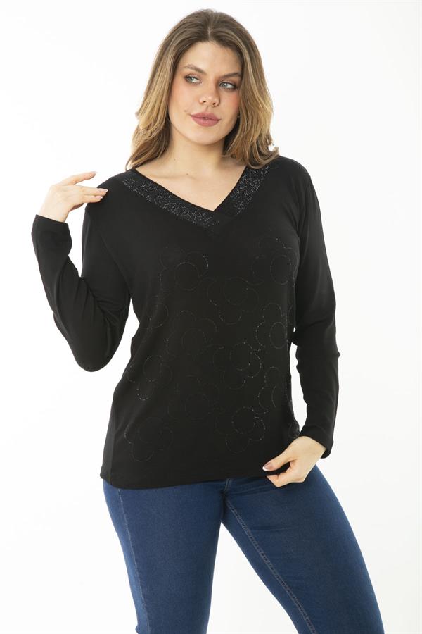 Kadın Büyük Beden Saks V Yakalı Taş Detaylı Uzun Kollu Bluz 65N37153