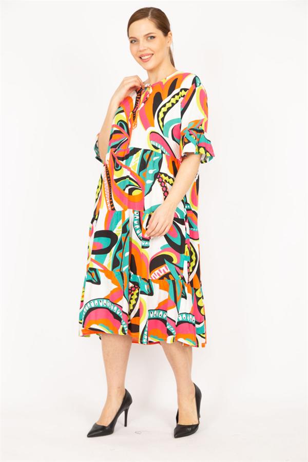 Kadın Renkli Büyük Beden Dokuma Viskon Kumaş Katlı Elbise 65N35838