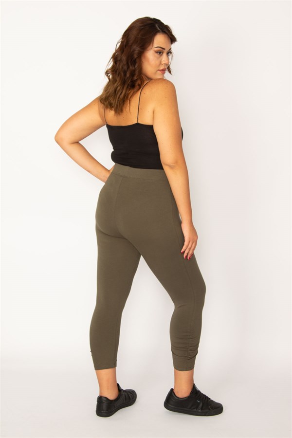 Kadın Haki Pamuklu Kumaş Paçası Büzgü Detaylı Tayt Kapri  65N34125
