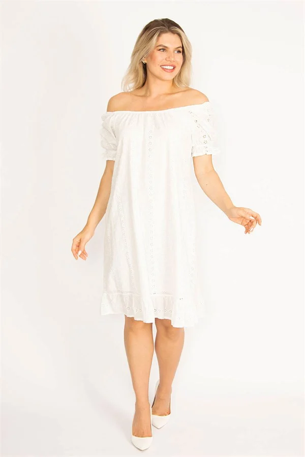 Delikiş Nakışlı Dokuma Viskon Kumaş Astarlı Yaka Ve Kol Ağzı Lastikli Etek Ucu Katlı Elbise