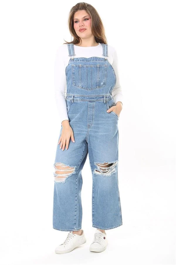 Kadın Büyük Beden Mavi Yırtık Detaylı Kot Salopet 65N37889