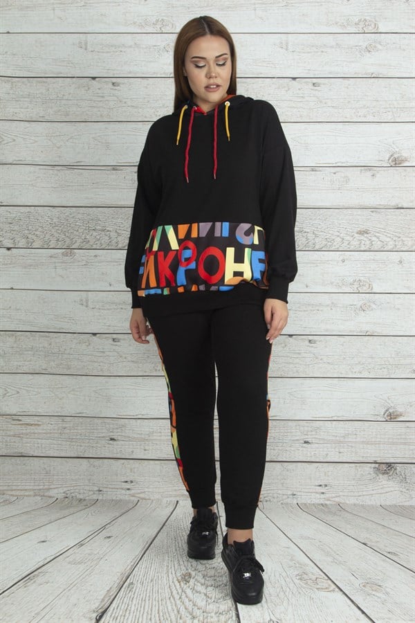 Kadın Saks Kapşonlu Fermuar Ve Baskı Detaylı Kuşgözlü Sweatshirt Pantolon Takım 65N19562