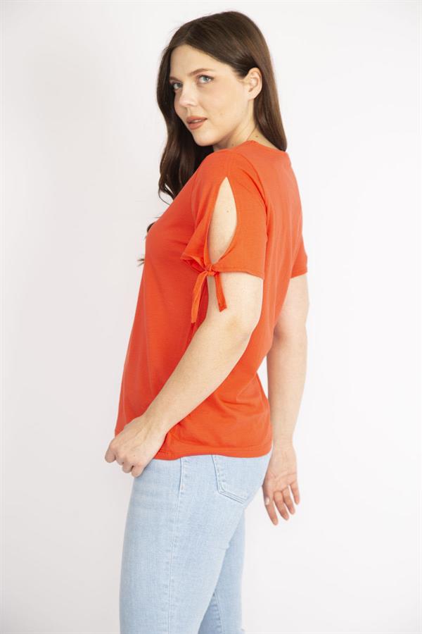 Kadın Nar Büyük Beden Pamuklu Kumaş Kol Bağcıklı Bluz