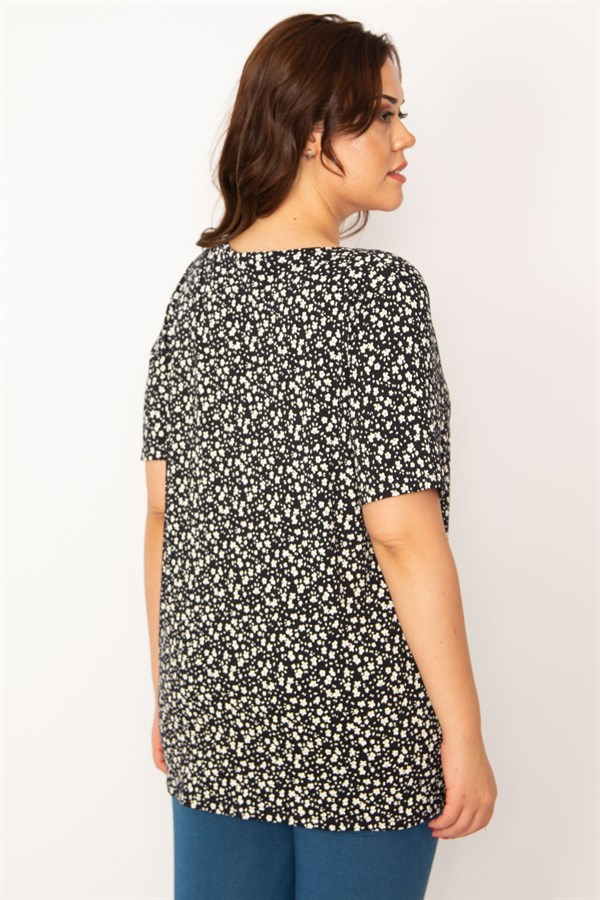 Kadın Siyah V Yakalı Çiçek Desenli Bluz 65N33538