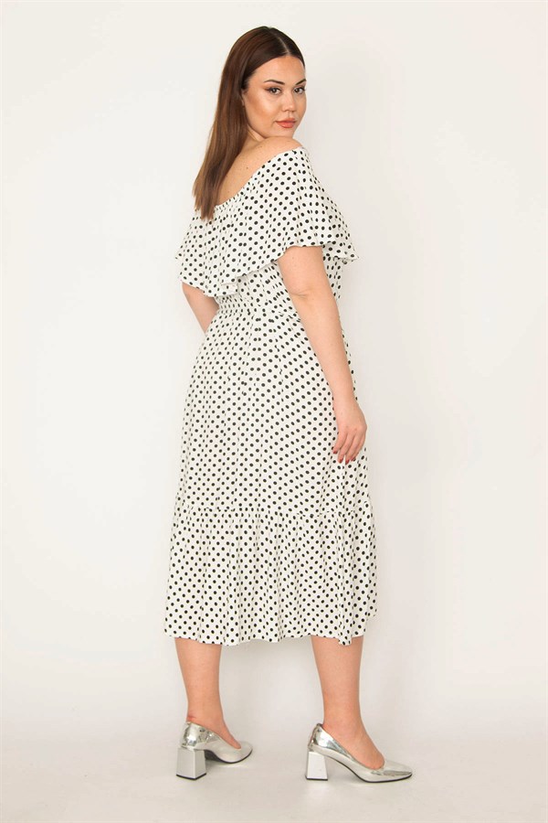 KADIN KEMİK PUAN DESEN YAKASI LASTİK VE VOLAN DETAYLI ETEĞİ KATLI DOKUMA VİSKON KUMAŞ ELBİSE