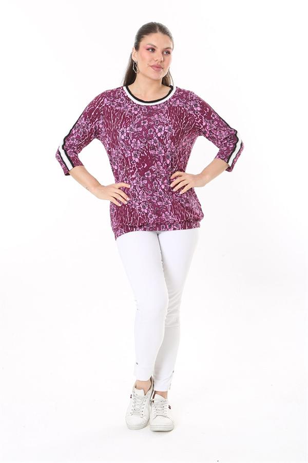 Kadın Büyük Beden Mürdüm Yaka Ve Kolları Sim Şerit Detaylı Uzun Kollu Bluz 65N37709