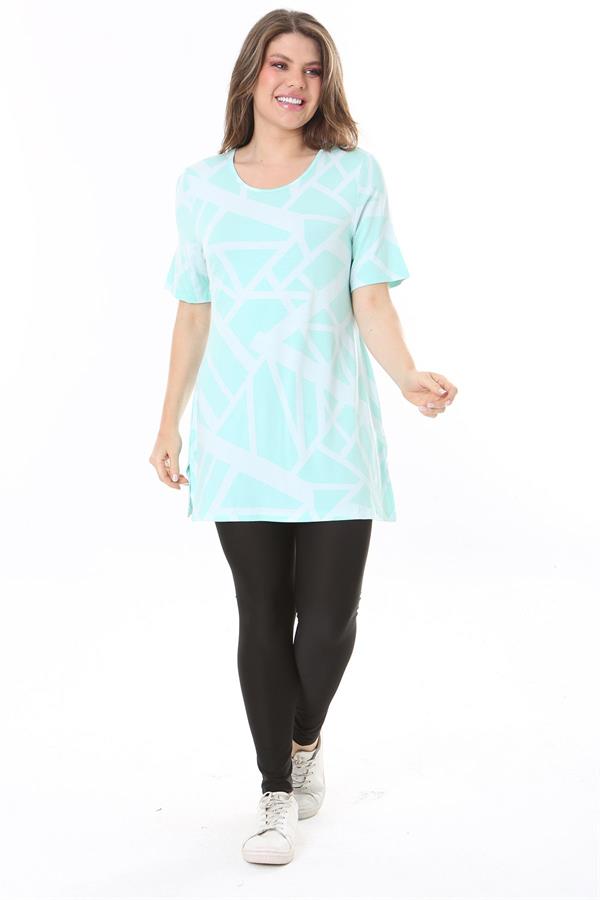 Kadın Büyük Beden Yeşil Bisiklet Yakalı Kısa Kollu Çizgili Tunik 65N37851