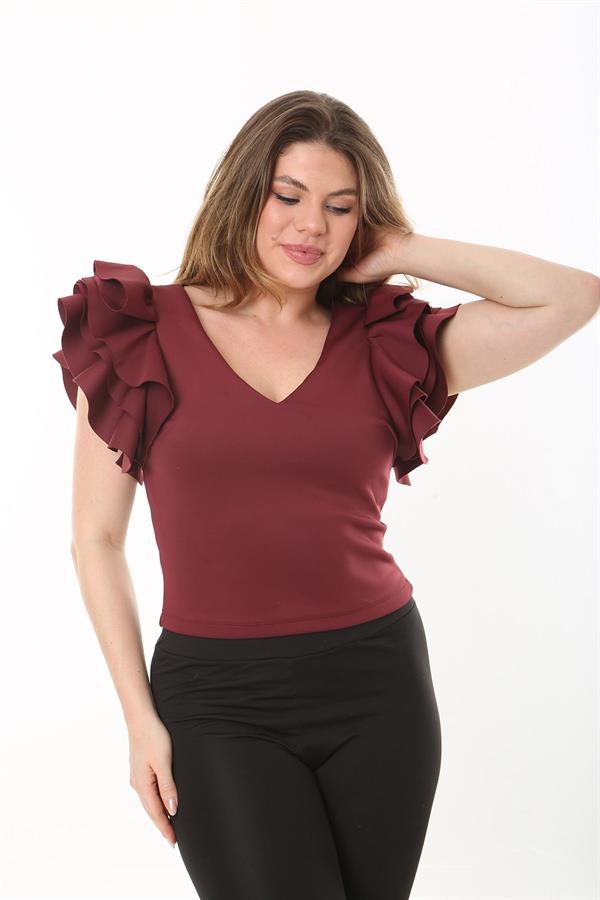 Kadın Büyük Beden Bordo Volan Kollu Arka Gizli Fermuarlı Bluz 65N37533