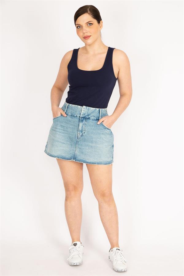 Kadın Mavi Büyük Beden Ön Fermuarlı Likralı Kot Etek