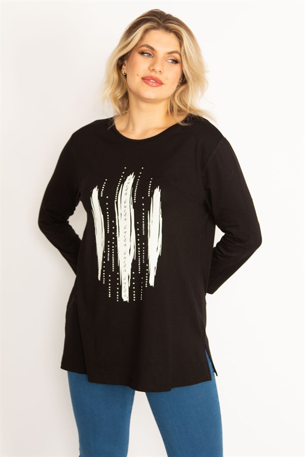 Kadın Siyah Taş Ve Baskı Detaylı Bluz 65N34713
