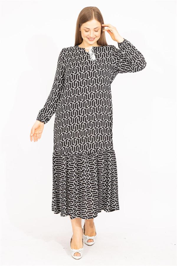 Kadın Siyah Dokuma Viskon Kumaş Etek Ucu Katlı Uzun Kollu Elbise 65N35511