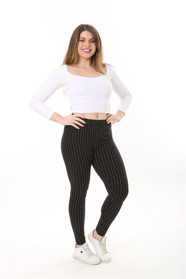 Kadın Büyük Beden Siyah Pamuk Kumaş Puan Desenli Tayt 65N37654