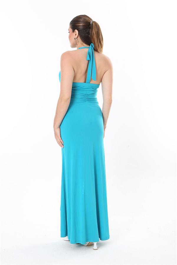 Kadın Büyük Beden Yeşil Boyundan Bağlamalı Göğüs Detaylı Elbise 65N37739