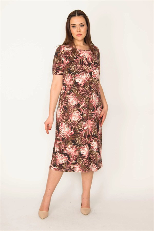 KADIN RENKLİ ÇİÇEK DESENLİ KISA KOL VİSKON ELBİSE