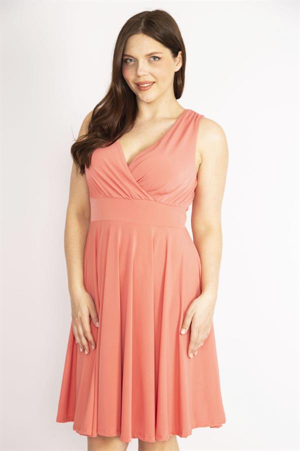 Kadın Nar Büyük Beden Anvelop Yakalı Arka Bel Lastik Detaylı Elbise