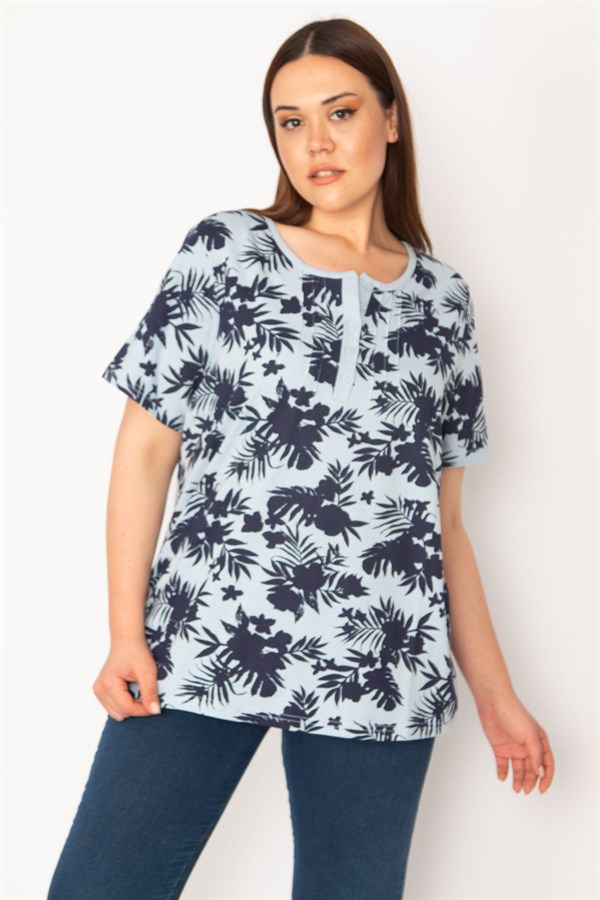 KADIN MAVİ PAMUKLU KUMAŞ NERVÜR DİKİŞLİ PATI DÜĞMELİ BLUZ