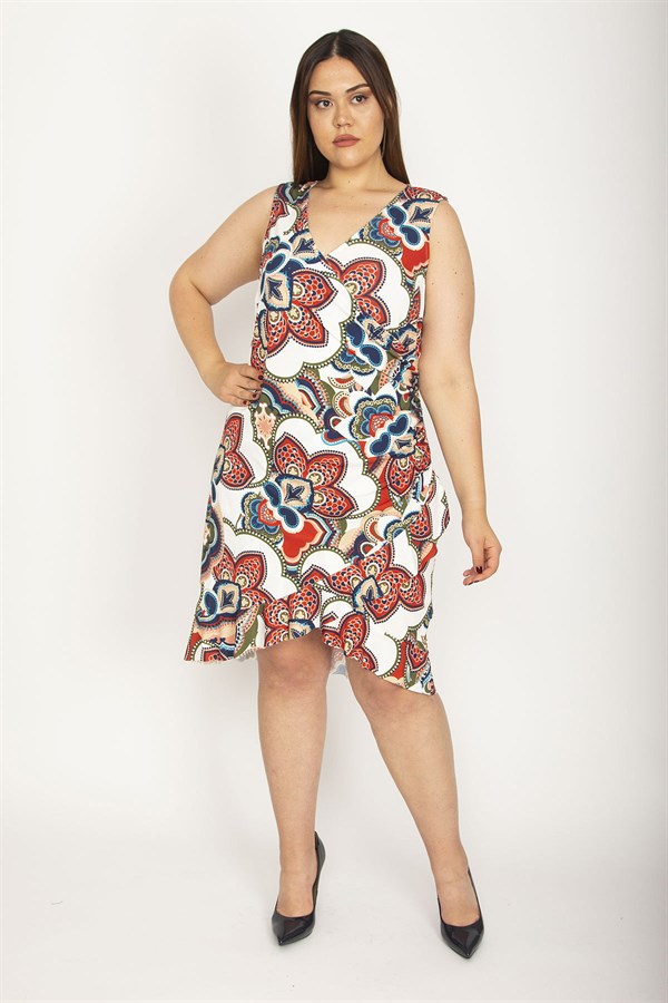 Kadın Renkli Anvelop Yakalı Bel Detaylı Volanlı Elbise 26A26566