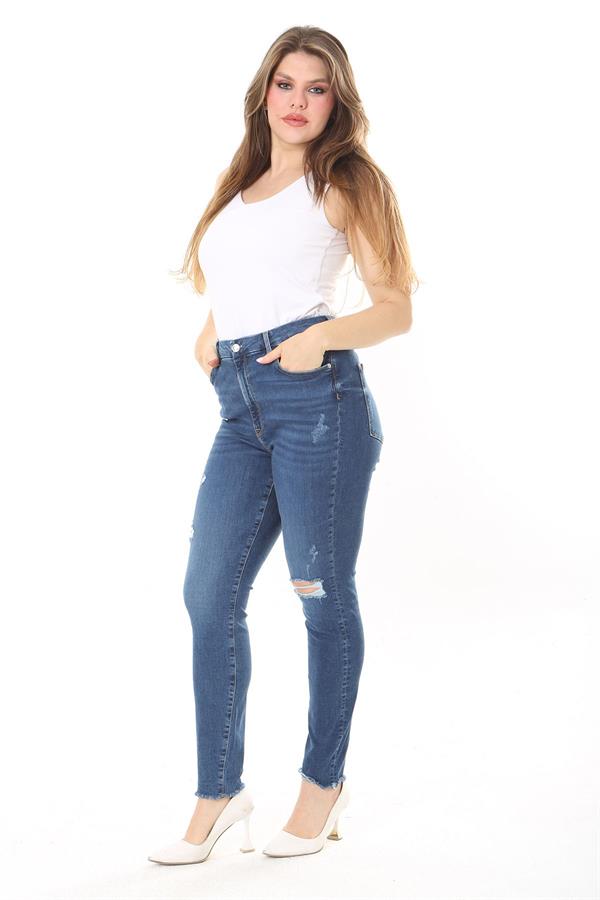 Kadın Büyük Beden Lacivert Yüksek Bel Yırtık Detaylı Skınny Kot Pantolon 65N38030