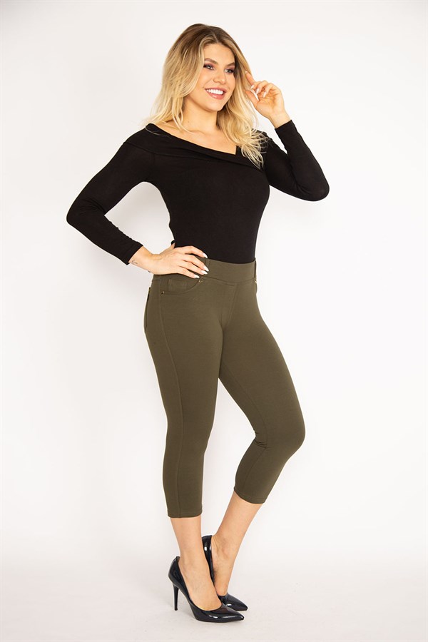 Kadın Haki Ön Süs Cep Ve Arka Cepli Tayt Kapri 65N34887