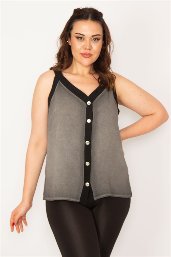 Kadın Füme Kirli Yıkama Çıtçıt Metal Düğmeli Biye Detaylı Bluz 65N33347