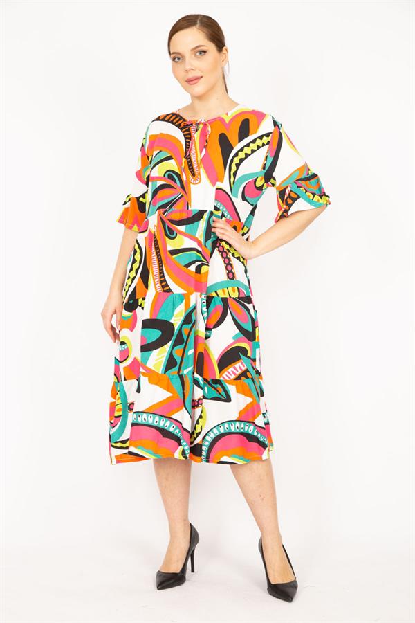 Kadın Renkli Büyük Beden Dokuma Viskon Kumaş Katlı Elbise 65N35838