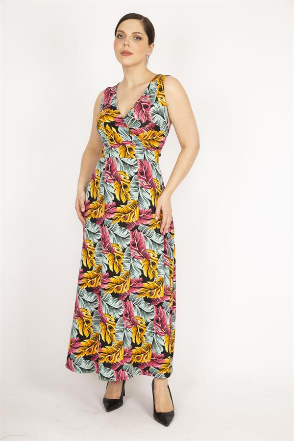 Kadın Renkli Büyük Beden Anvelop Yakalı Renkli Uzun Elbise