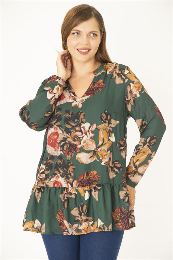 Kadın Büyük Beden Yeşil V Yakalı Etek Ucu Katlı Astarlı Şifon Tunik 65N36955