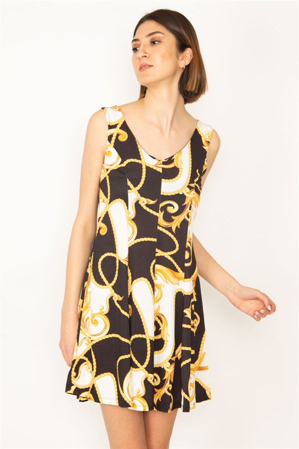 KADIN RENKLİ ÖN ARKA V YAKA DESENLİ ELBİSE