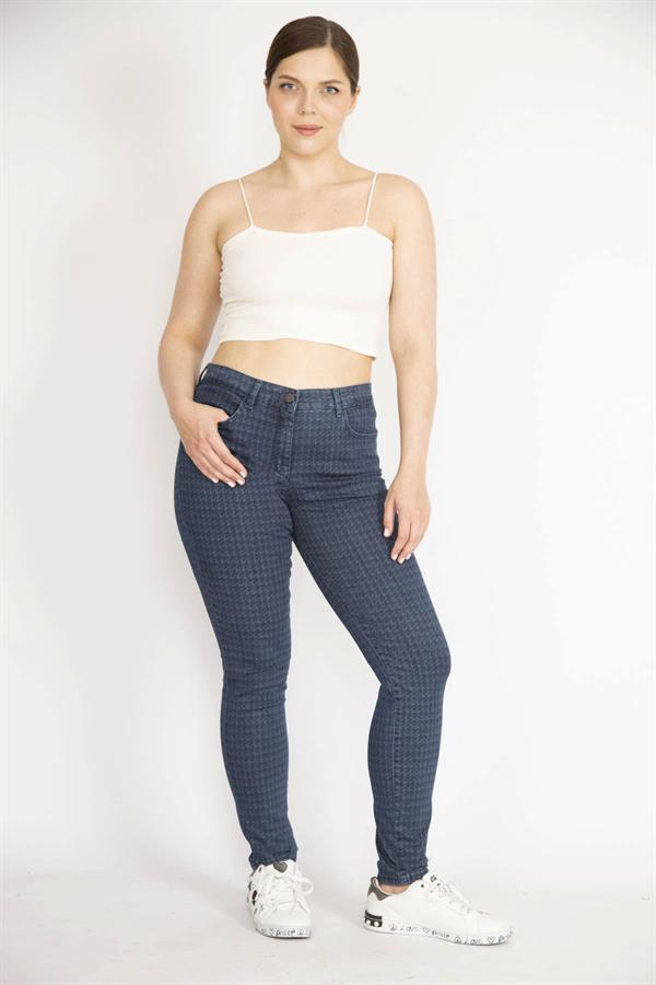 PANTALON FEMME BLEU MARINE À MOTIF HOUGHFOOT 5 POCHES EN LYCRA