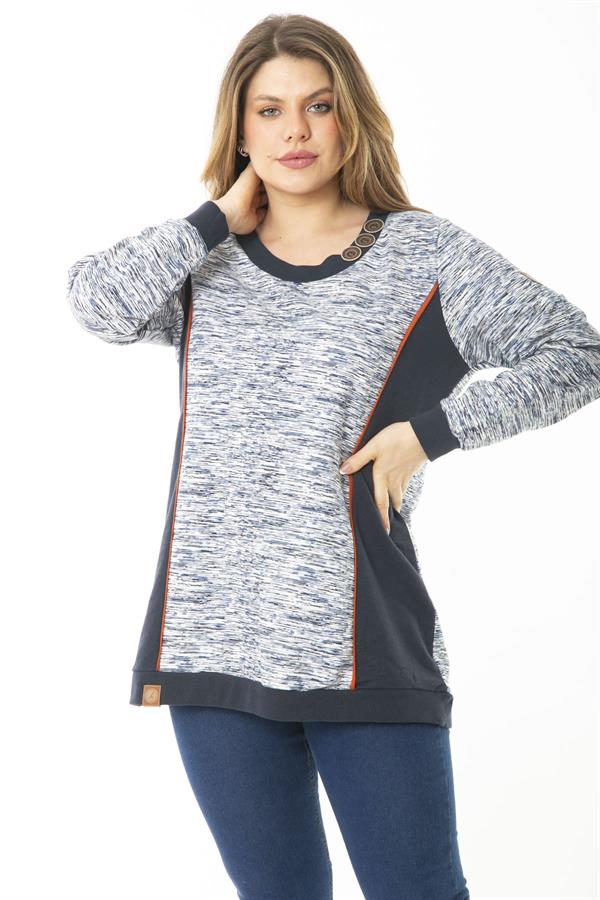 Kadın Büyük Beden Lacivert Süs Düğme Ve Kup Detaylı Sweatshirt 65N37121