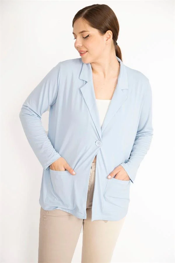 Kadın Büyük Beden Tek Düğmeli Astarsız Cepli Hırka 65N38078