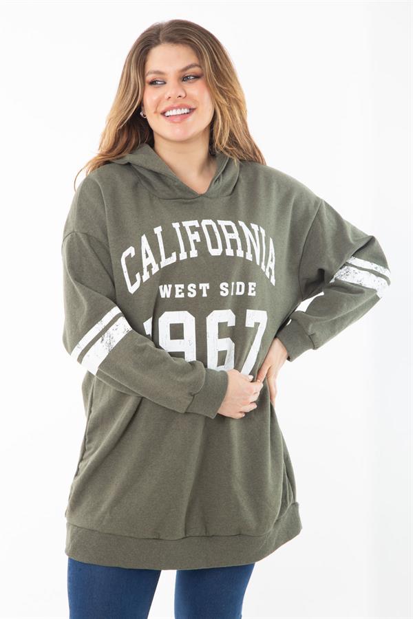 Kadın Büyük Beden Haki İçi Şardonlu Üç İplik Kapşonlu Sweatshirt 65N37290