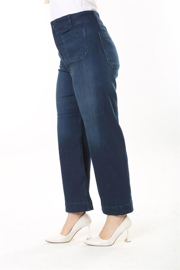 Kadın Büyük Beden Lacivert Yüksek Bel 4 Cepli Likralı Kot Pantolon 65N37922