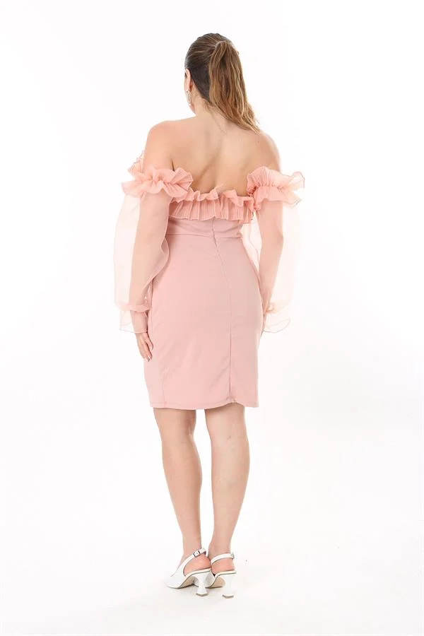 Kadın Büyük Beden Somon Yaka Ve Kolları Organze Elbise 65N37740