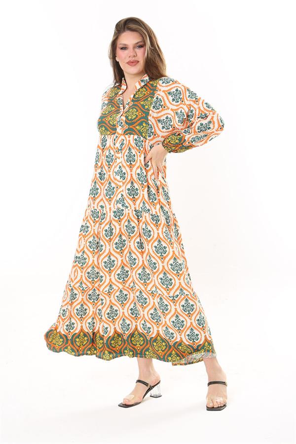 Kadın Büyük Beden Mavi Dokuma Viskon Kumaş Ön Düğmeli Uzun Elbise 65N37860