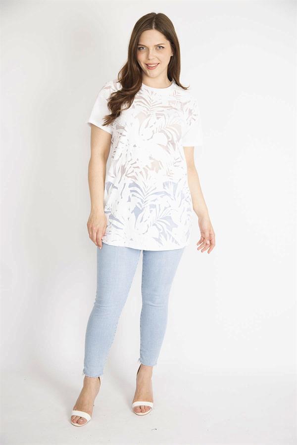 Kadın Beyaz Büyük Beden Önü Flok Bisiklet Yakalı Kısa Kollu Bluz