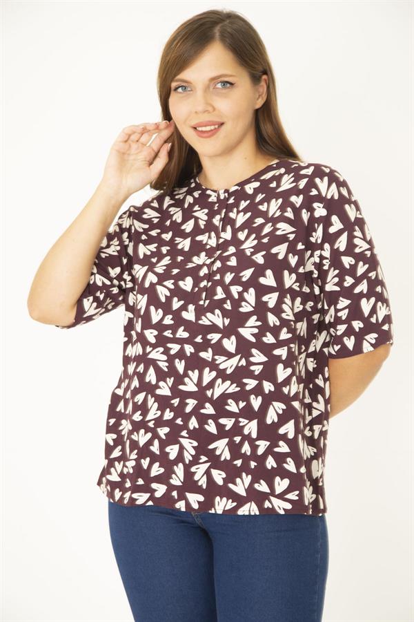 Kadın Büyük Beden Mürdüm Dokuma Viskon Kumaş Ön Pat Düğmeli Kısa Kollu Gömlek 65N36992