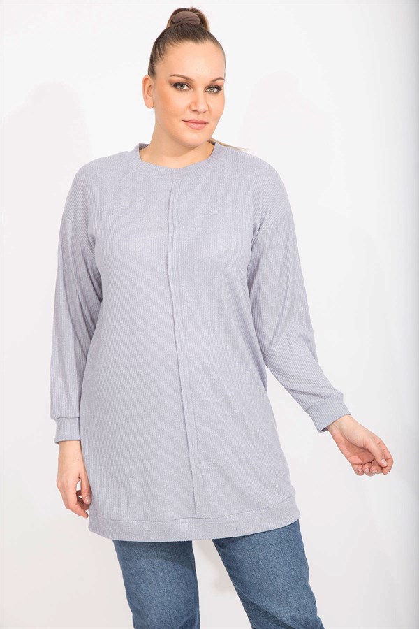 Kadın Gri Kaşkorse Kumaş Ön Dikiş Detaylı Uzun Tunik 65N35498