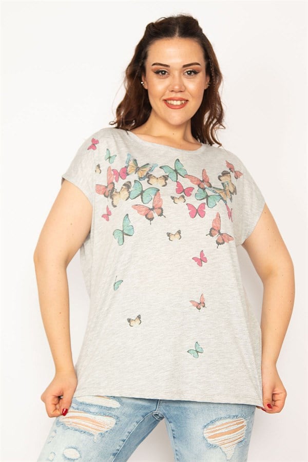 BLOUSE FEMME GRISE À MANCHES TOMBANTES IMPRIMÉ PAPILLON