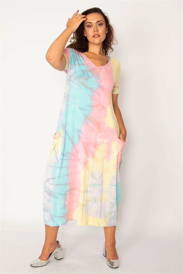 Kadın Saks Batik Desen V Yaka Cepli Elbise 65N33979