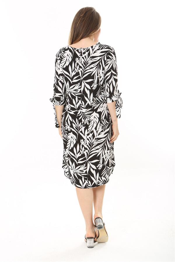 Kadın Büyük Beden Siyah Dokuma Viskon Kumaş Kol Bağcıklı Elbise 65N37865