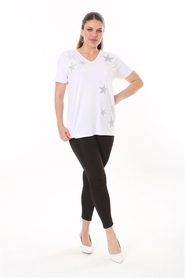 Kadın Büyük Beden Beyaz Taş Detaylı V Yaka Göğüs Cepli Kısa Kollu Bluz 65N37678