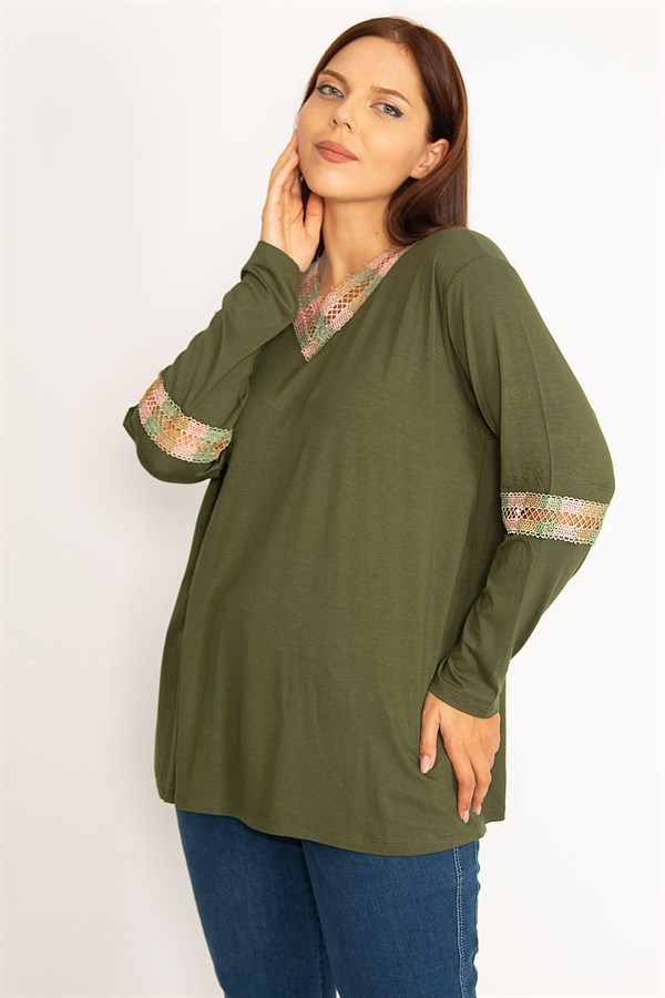 Kadın Haki Dantel Detaylı Bluz 65N34647