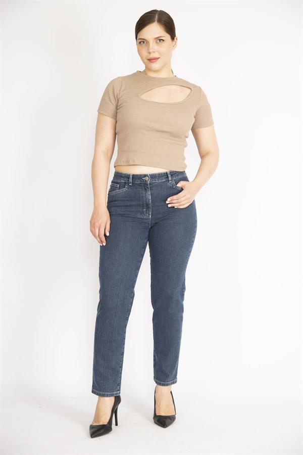 Kadın Büyük Beden Lacivert Ön Cepli Likralı Kot Pantolon 65N36986