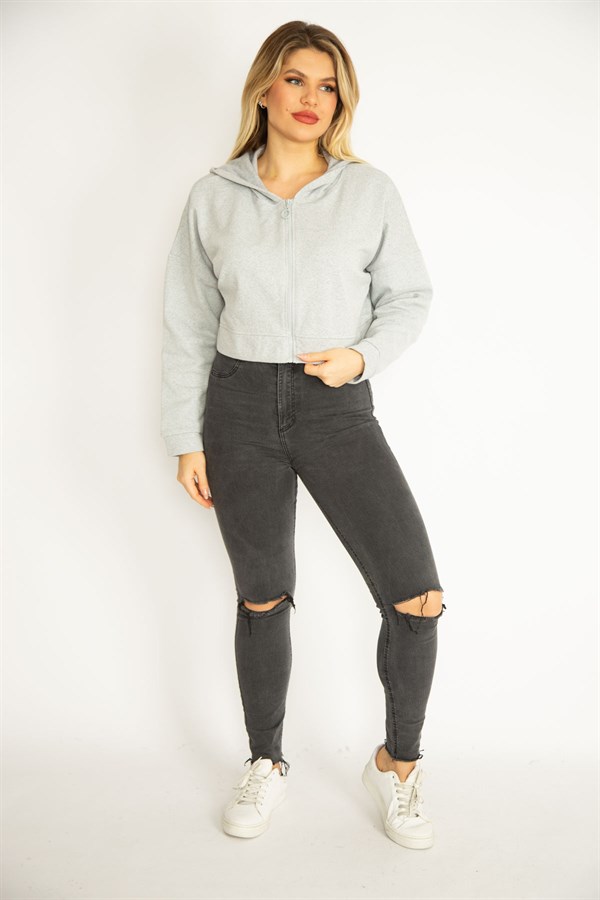 Kadın Gri İçi Şardonlu 2 İplik Kumaş Kapşonlu Sweatshirt 65N35076