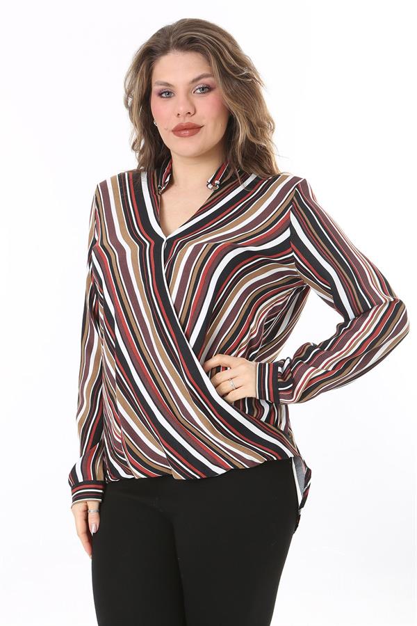 Kadın Büyük Beden Bej Dokuma Viskon Kumaş Kapalı Anvelop Bluz 65N37614