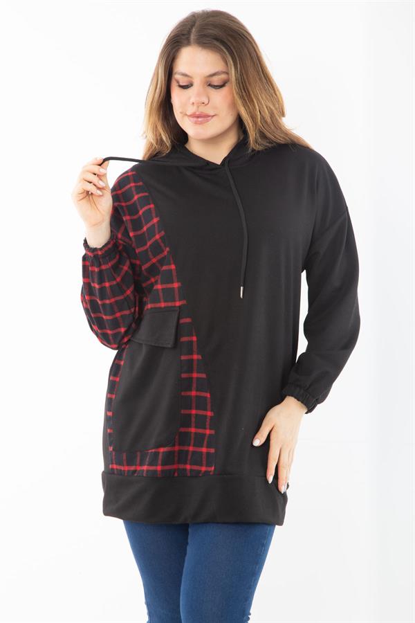 Kadın Büyük Beden Siyah Ekose Garnili Kapşonlu Sweatshirt 65N37289